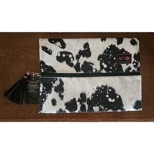 Makeup Junkie Cosmetic Bag "Rodeo Queen Silver Speck" Cow Print New